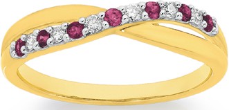 9ct Gold Natural Ruby & Diamond Crossover Ring