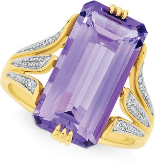 9ct Gold Amethyst & Diamond Emerald Cut Dress Ring