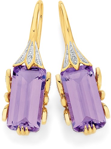9ct Gold Amethyst & Diamonds Emerald Cut Deco Inspired Earrings