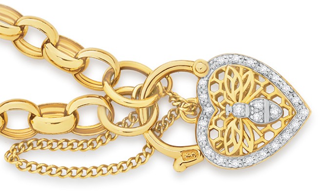 9ct Gold 19cm Solid Belcher with Diamond Bee Padlock Bracelet