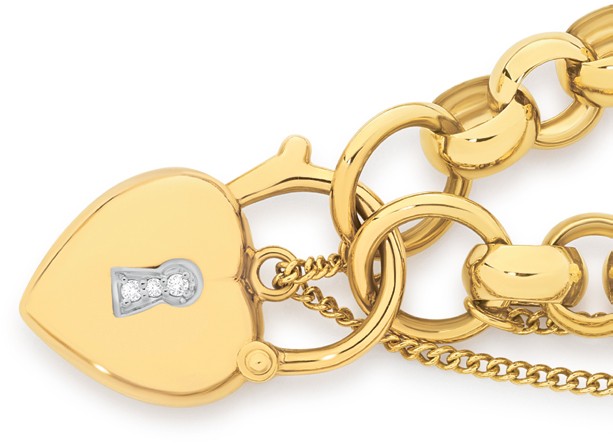 9ct Gold 20cm Solid Belcher Bracelet with Diamond Set Padlock