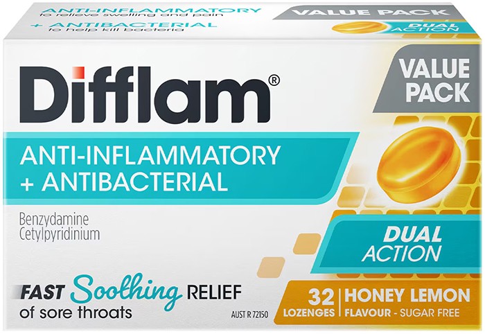 Difflam Sore Throat Lozenges Sugar Free Honey & Lemon 32 Pack