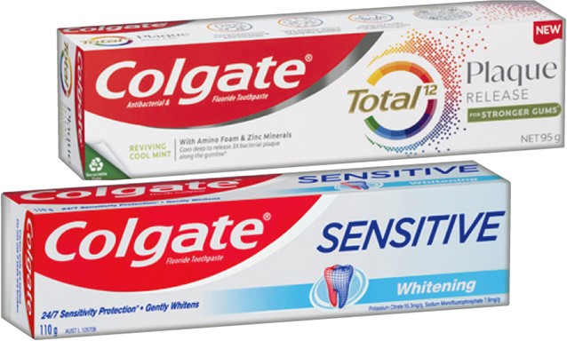 Colgate Sensitive Toothpaste 110g, Plaque Release 95g or MaxFresh Watermelon Mint Mouthwash 500mL Selected Varieties*