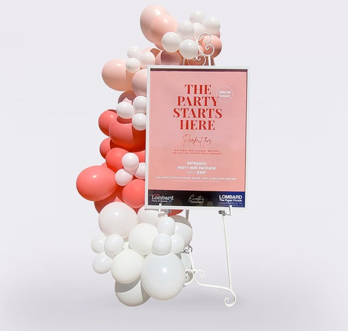Entrance Pak Custom Poster In Frame, Easel & 2m Standard Balloon Garland HIRE* Ea