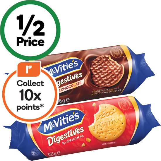 McVitie’s Digestives Original Biscuits 355g, McVitie’s Chocolate 266g, McVities Golden Caramel 232g or McVitie’s Hobnobs Chocolate Biscuits 262g