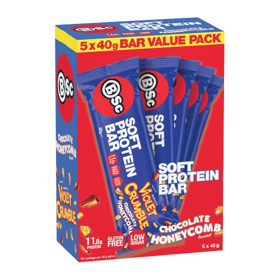 BSc x Violet Crumble Soft Protein Bar Chocolate Honeycomb Pk 5 x 40g~