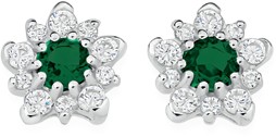 Sterling Silver Green & Cubic Zirconia Flower Stud Earrings