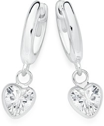 Sterling Silver Cubic Zirconia Heart Drop Domed Huggie Earrings