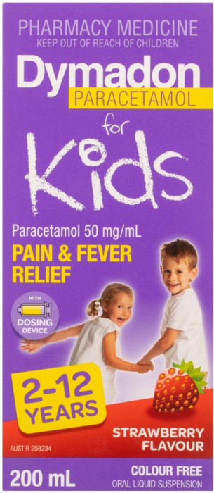 Dymadon Paracetamol For Kids 2-12 Years Colour Free Strawberry Flavour 200mL