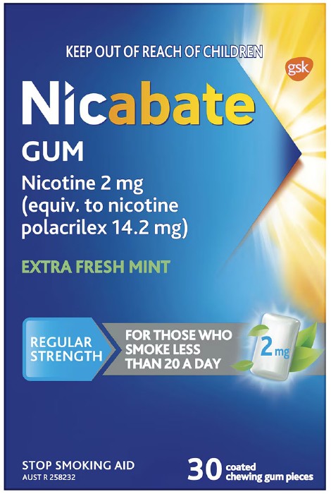 Nicabate Quit Smoking Nicotine Gum Fresh Mint 2mg - 30 Pack