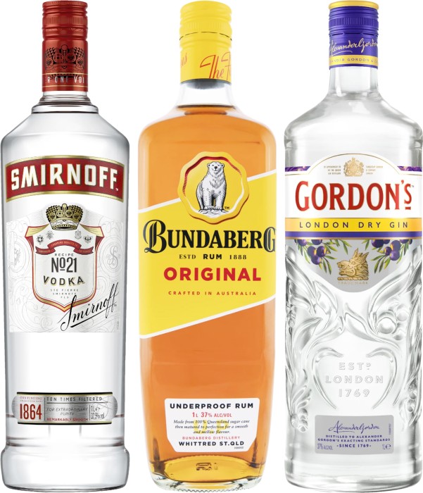 Smirnoff Vodka, Bundaberg Original Rum or Gordon’s London Dry Gin 700mL