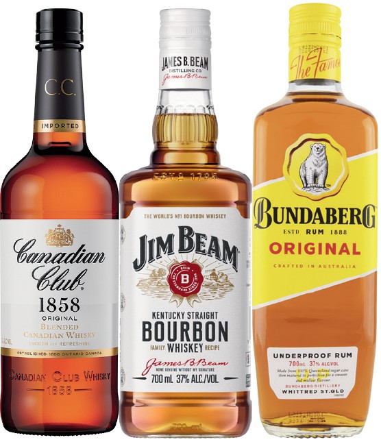 Canadian Club Whisky, Jim Beam White Label Bourbon or Bundaberg Original Rum 700mL