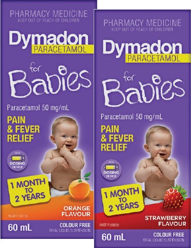 Dymadon Paracetamol For Babies 1 Month to 2 Years Orange or Strawberry Flavour 60mL