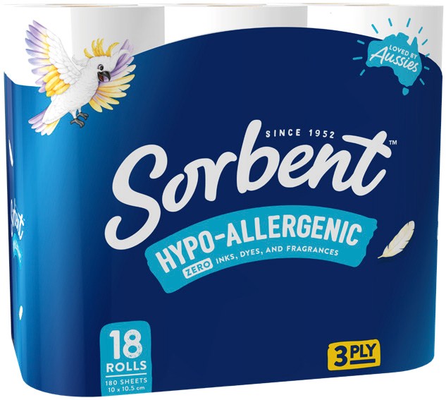 Sorbent Hypo‑Allergenic Toilet Tissue 3 Ply 18 Pack