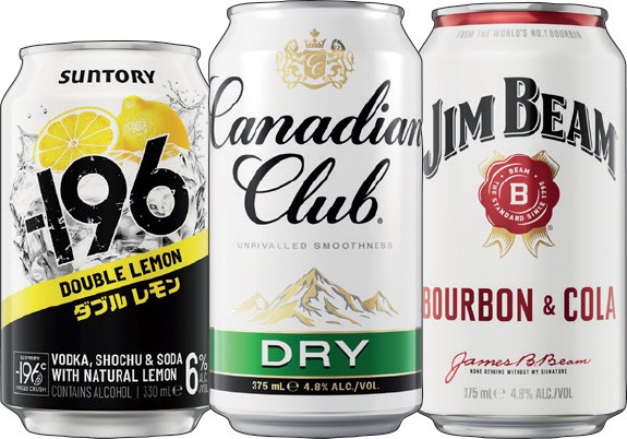 Suntory -196 6%, Canadian Club 4.8% or Jim Beam 4.8% Varieties 10 Pack