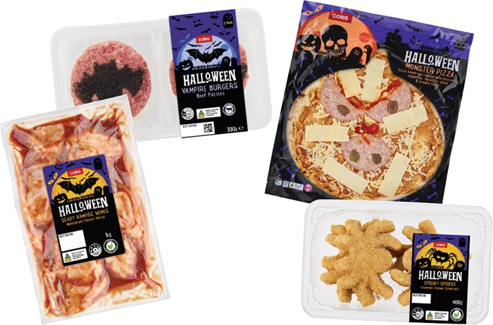 Coles Halloween RSPCA Approved Chicken Scary Vampire Wings 1kg, Vampire Burgers Beef Patties 300g, Monster Pizza 500g or RSPCA Approved Chicken Spooky Spiders 400g