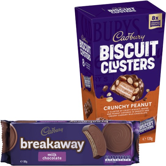Cadbury Breakaway Biscuits 180g or Biscuit Clusters 120g Selected Varieties