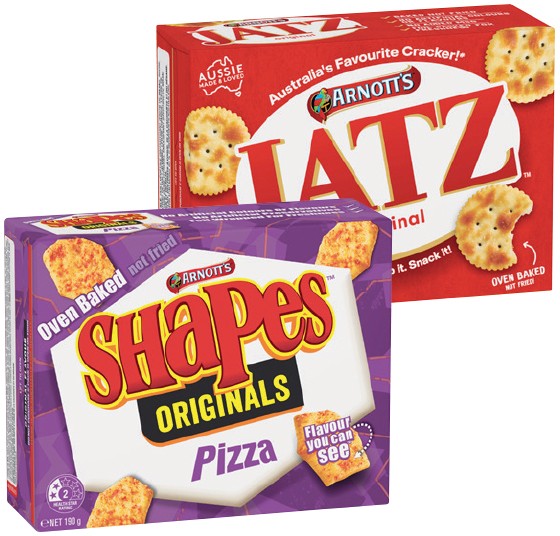 Arnott’s Shapes 130‑190g, Jatz 225g or Salada Crackers 250g Selected Varieties
