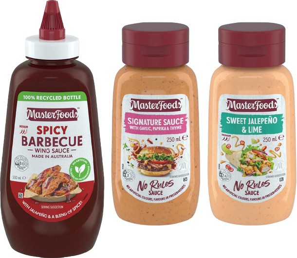 MasterFoods Spicy Barbecue Wing Sauce 500mL, No Rules Signature or Sweet Jalepeno & Lime Sauce 250mL