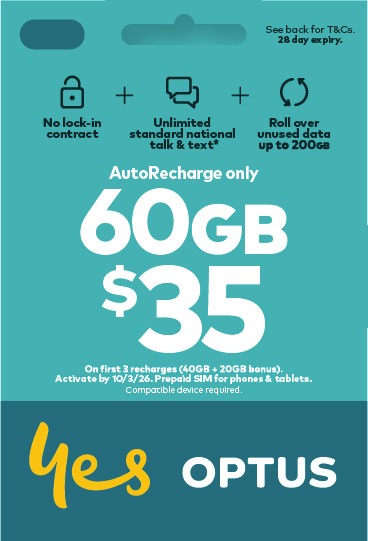 Optus $35 AutoRecharge only Prepaid SIM Starter Kit