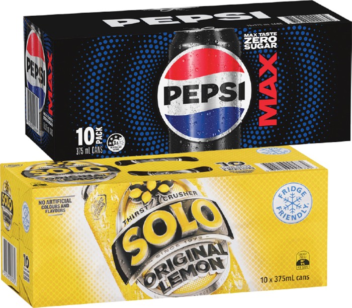 Pepsi, Solo or Schweppes 10x375mL Selected Varieties