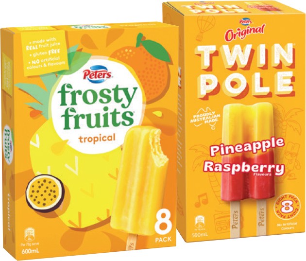 Peters Frosty Fruits 6‑8 Pack, Original Twin Pole 8 Pack or Cadbury Ice Cream Sticks 4 Pack Selected Varieties