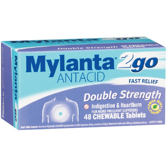 Mylanta 2Go Antacid Double Strength Chewable Tablets Pk 48†