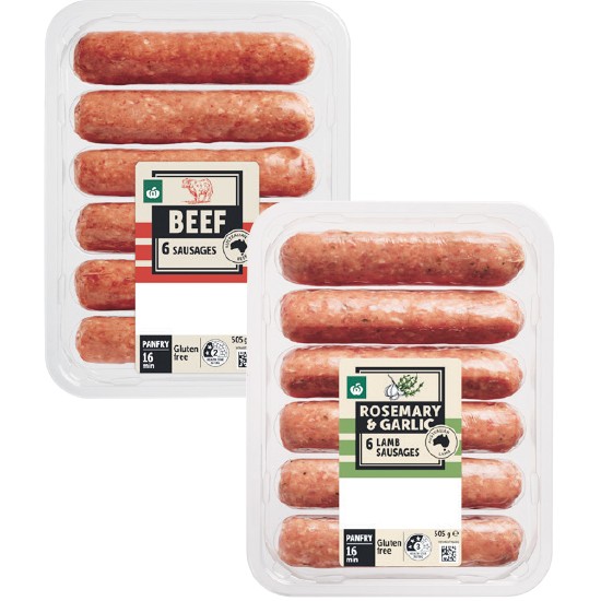 Woolworths Beef, Lamb, Pork or Chicken Sausage Varieties 505g Pk 6