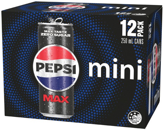 Pepsi Max, Solo or Schweppes Mini Can 12x250mL