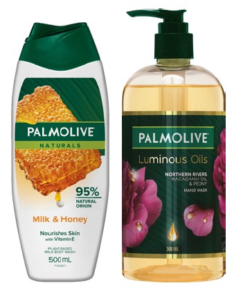 Palmolive Body Wash 450‑500mL or Luminous Oils Liquid Hand Wash 500mL Selected Varieties