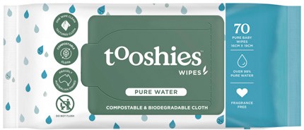 Tooshies Biodegradable Pure Water Wipes 70 Pack