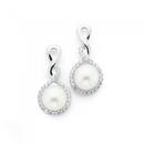 Silver-Round-Cultured-Fresh-Water-Pearl-and-white-Cubic-Zirconia-Infinity-Earrings Sale