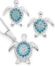 Sterling-Silver-Blue-White-Cubic-Zirconia-Pave-Turtle-Earrings-Pendant-Set Sale