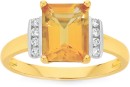 9ct-Gold-Citrine-10ct-Diamond-Emerald-Cut-Shoulder-Set-Ring Sale