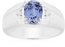 Sterling-Silver-Oval-Created-Sapphire-Centre-Cubic-Zirconia-Side-Mens-Ring Sale