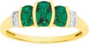 9ct-Gold-Created-Emerald-Diamond-Cushion-Trilogy-Ring Sale