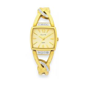 elite+Ladies++Gold+Tone+Tonneau+Stone+Set+Semi+Bangle+Watch