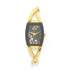 elite+Ladies++Gold+Tone+Black+Pattern+Dial+Bangle+Watch