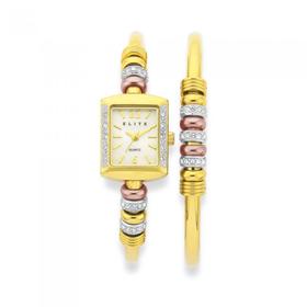 Elite-Ladies-Tri-Tone-Watch-Bracelet-Set on sale
