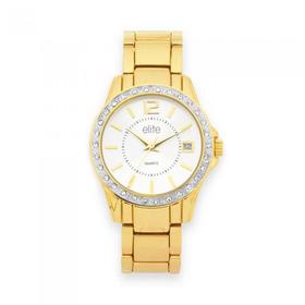 Elite+Ladies++Gold+Tone+Large+Round+Stone+Case+With+Date+Braclet+Watch