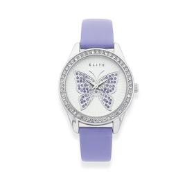 Elite+Silver+Tone+Crystal+Set+Butterfly+Watch+With+Lavender+Strap