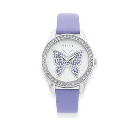 Elite-Silver-Tone-Crystal-Set-Butterfly-Watch-With-Lavender-Strap on sale