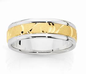 9ct+Gold+%26+Silver+Mens+Wave+Patterned+Ring