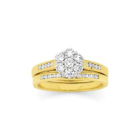 9ct+Gold+Diamond+Cluster+Bridal+Ring+Set