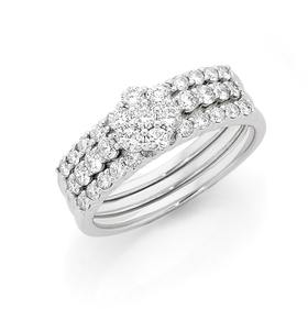 9ct-White-Gold-Diamond-Cluster-Three-Ring-Set on sale