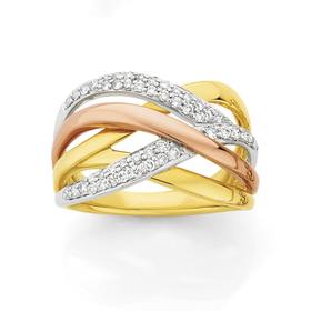 9ct+Tri+Tone+Diamond+Pave+Crossover+Dress+Ring