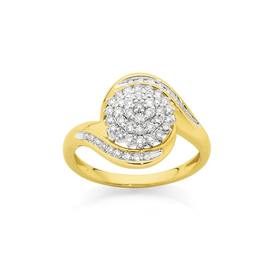 9ct+Gold+Diamond+Cluster+Swirl+Ring