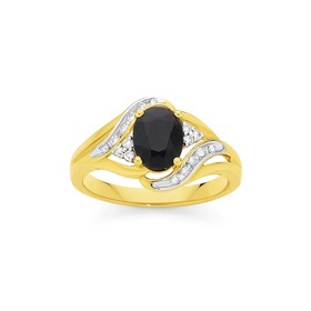 9ct+Gold+Black+Sapphire+%26amp%3B+Diamond+Swirl+Ring