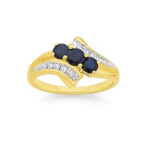 9ct+Gold+Natural+Sapphire+%26amp%3B+Diamond+Trilogy+Ring