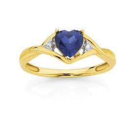 9ct+Gold+Created+Sapphire+%26amp%3B+Diamond+Heart+Ring